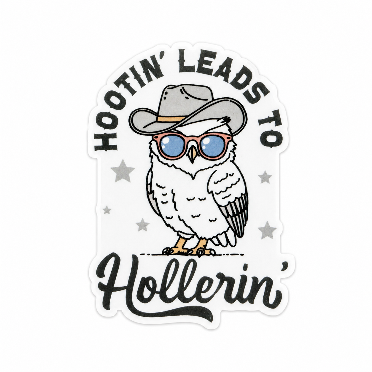 Hootin' Leads To Hollerin' plastic add-on featuring a cowboy owl wearing sunglasses and a western hat, compatible with interchangeable badge reel bases and perfect as a funny healthcare worker accessory