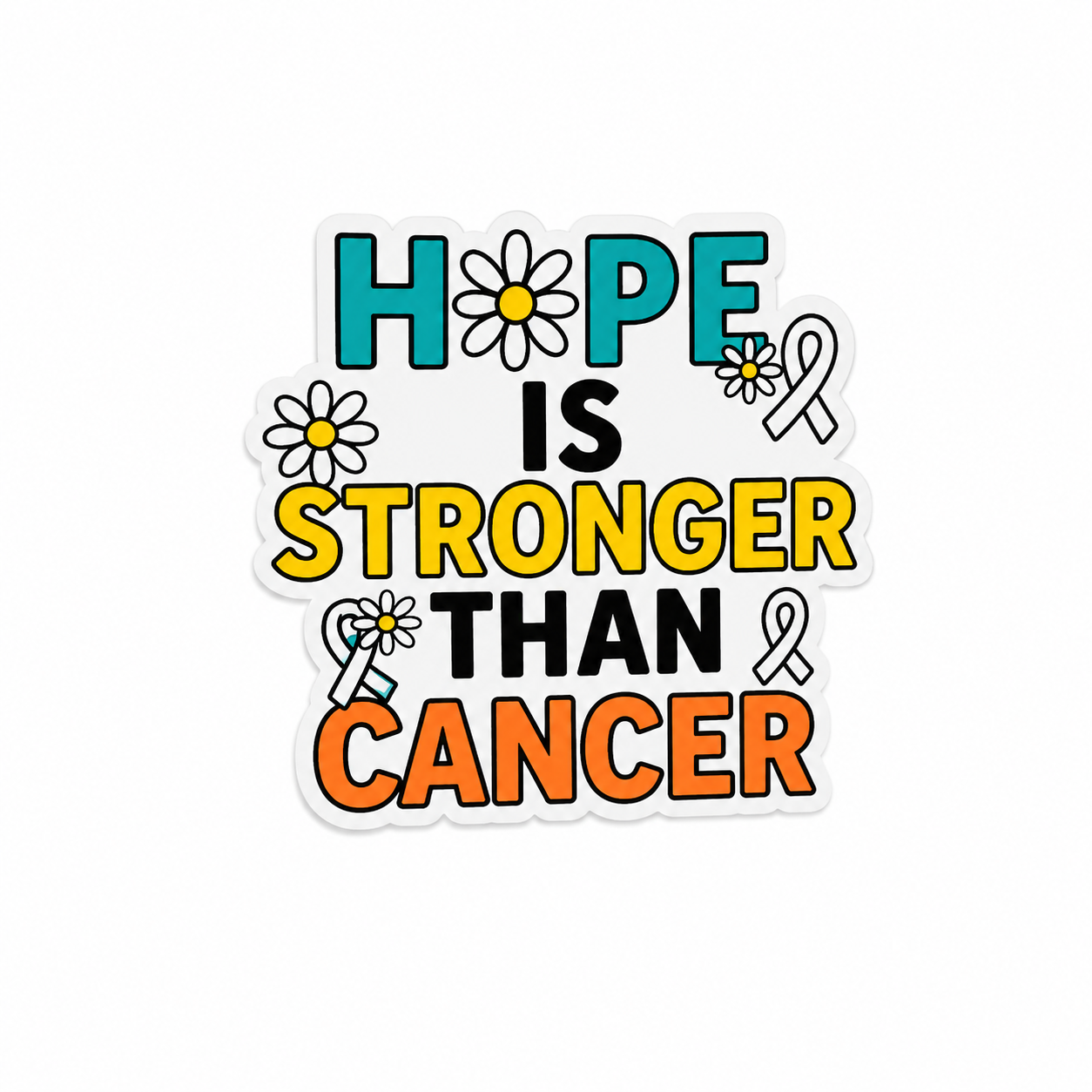 Hope Is Stronger Than Cancer plastic add-on with colorful lettering, daisies, and ribbon details, compatible with interchangeable badge reel bases