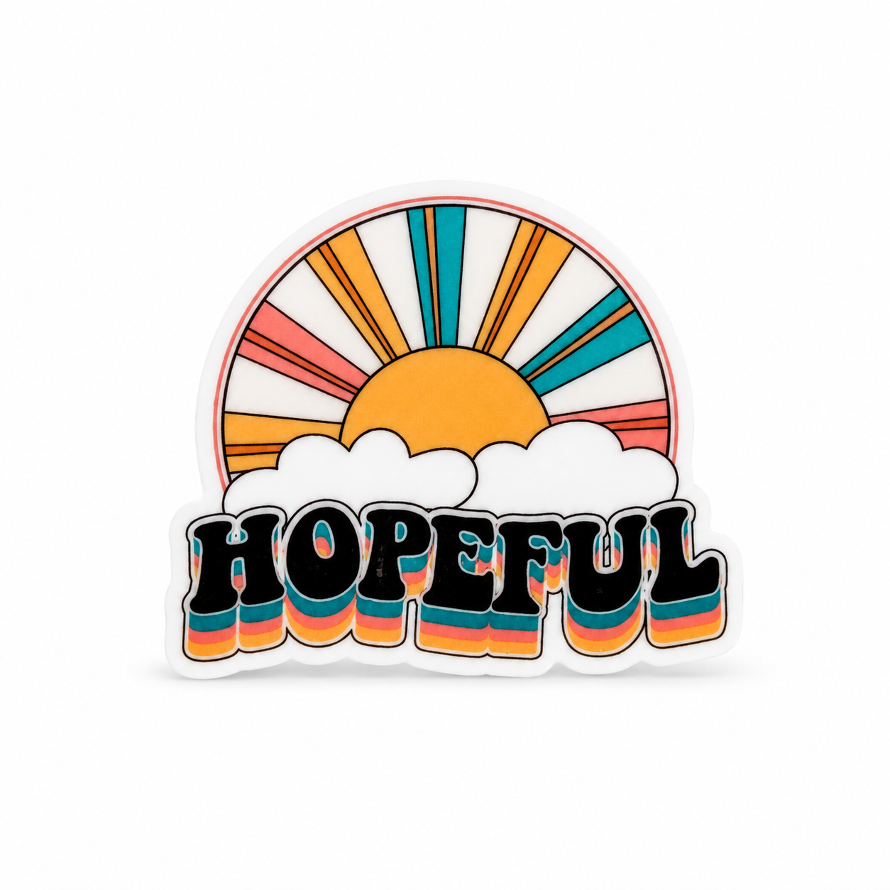 HOPEFUL plastic add-on with a retro orange sunrise, white clouds, and colorful rays, compatible with interchangeable badge reel bases