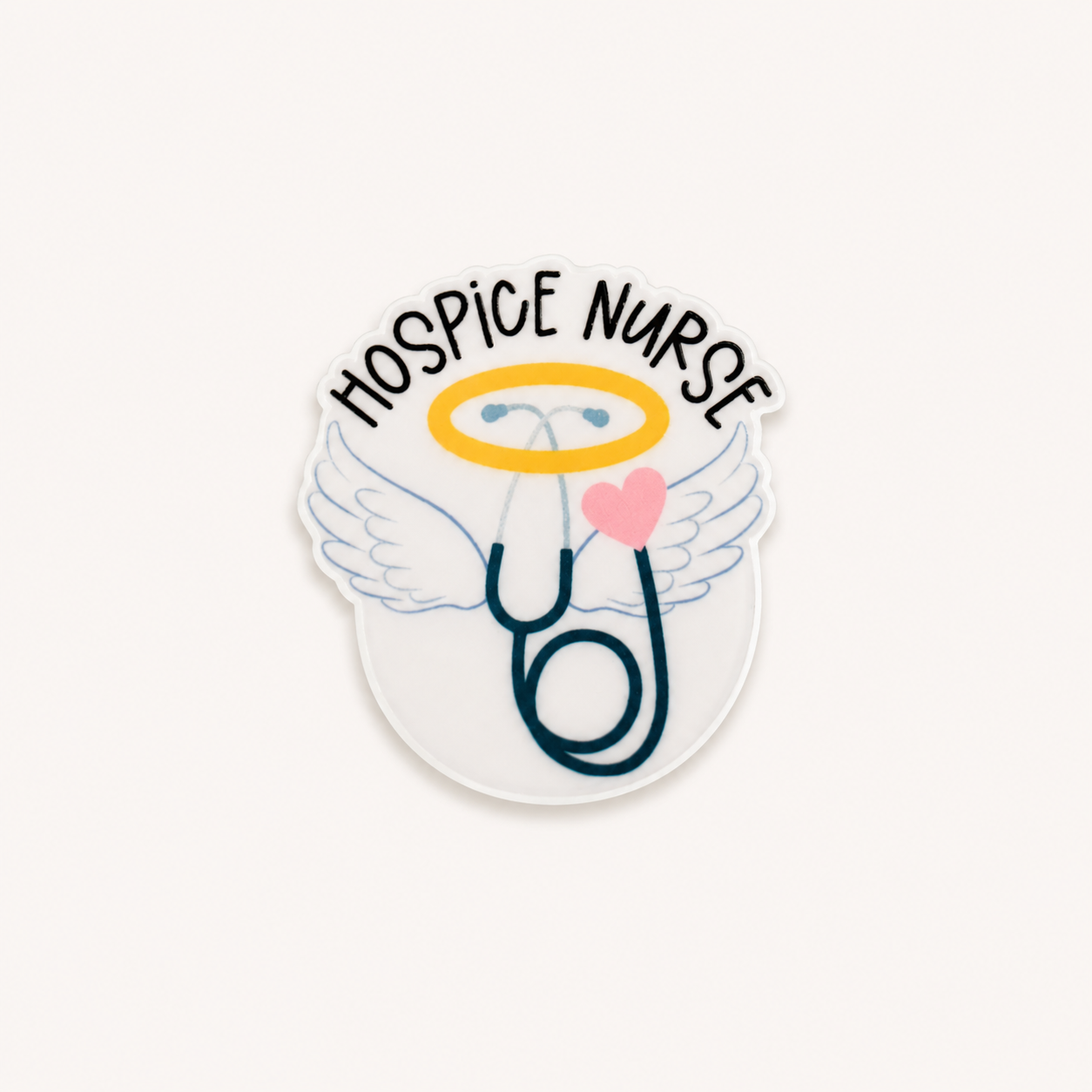 Hospice Nurse plastic add-on for compatible interchangeable badge reel bases with angel wings and stethoscope design
