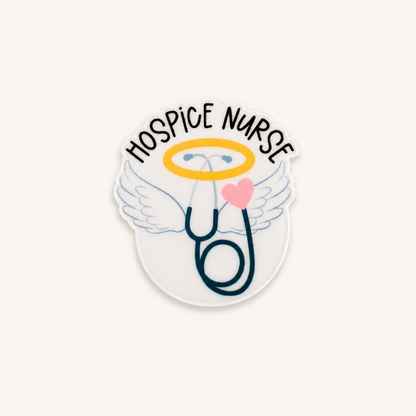 Hospice Nurse plastic add-on for compatible interchangeable badge reel bases with angel wings and stethoscope design
