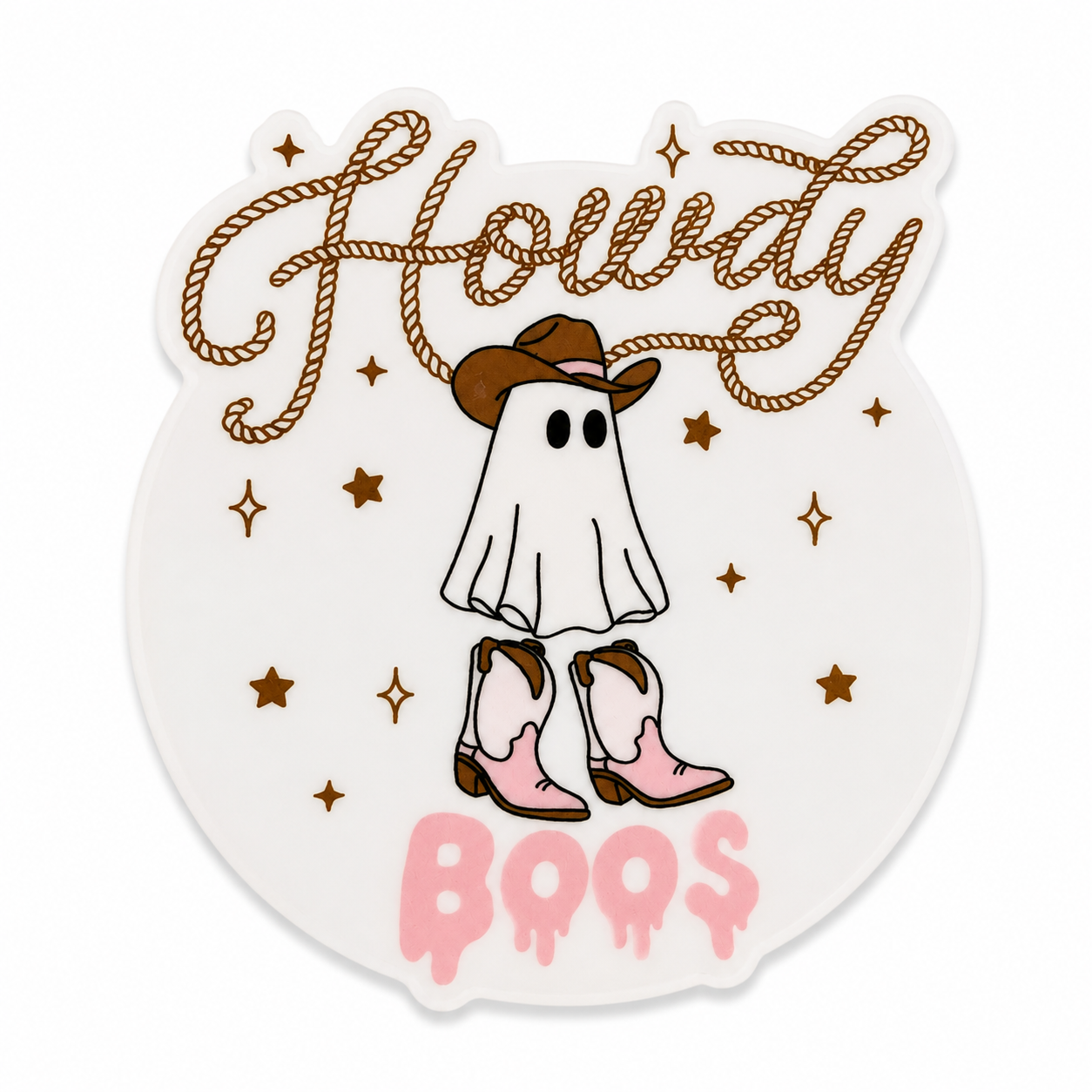 Howdy BOOS plastic add-on featuring a cute ghost wearing a cowboy hat and pink western boots, compatible with interchangeable badge reel bases, perfect for Halloween and western lovers
