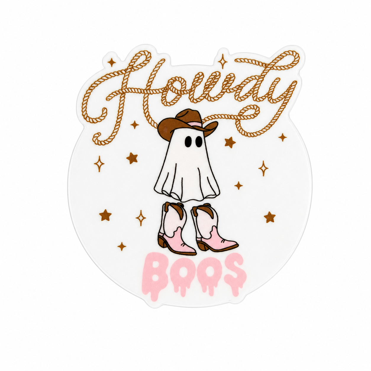 Howdy BOOS plastic add-on featuring a cute ghost wearing a cowboy hat and pink western boots, compatible with interchangeable badge reel bases, perfect for Halloween and western lovers