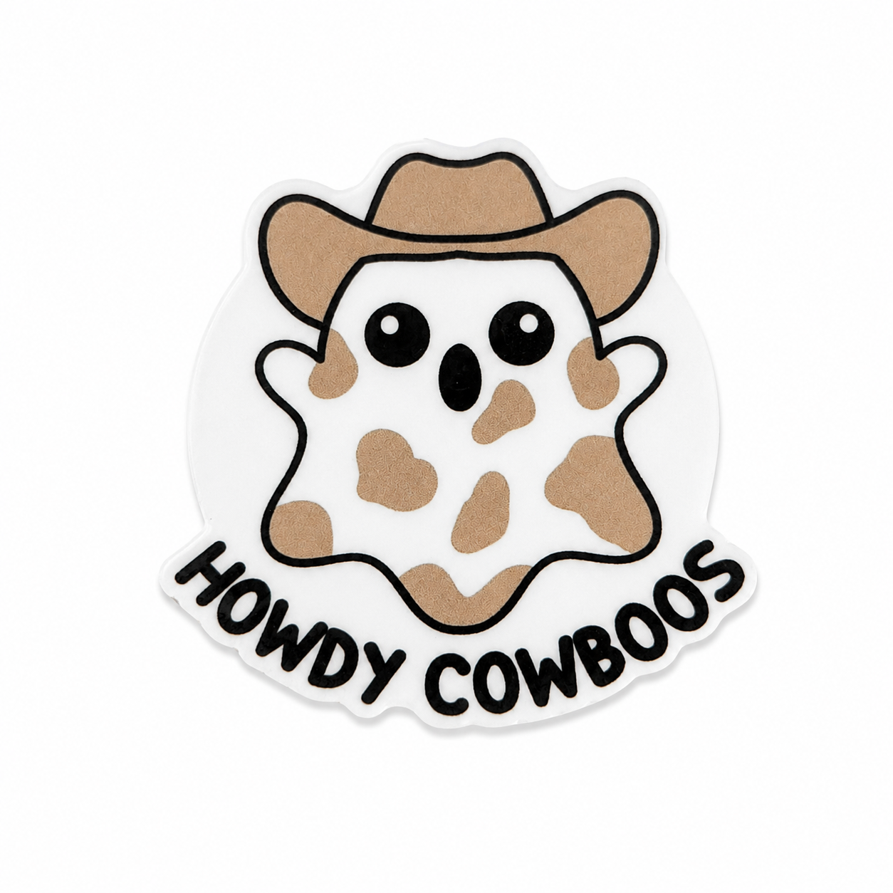Plastic add-on featuring a cute ghost with cow print markings wearing a cowboy hat and the text HOWDY COWBOOS, compatible with interchangeable badge reel bases.