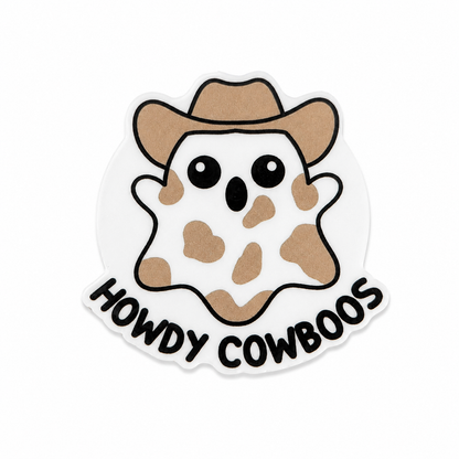 Plastic add-on featuring a cute ghost with cow print markings wearing a cowboy hat and the text HOWDY COWBOOS, compatible with interchangeable badge reel bases.