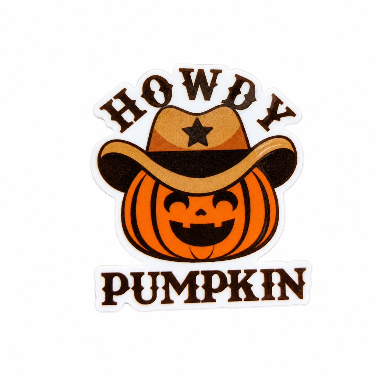 Howdy Pumpkin plastic add-on with jack-o’-lantern wearing a cowboy hat, compatible with interchangeable badge reel bases, western Halloween accessory.