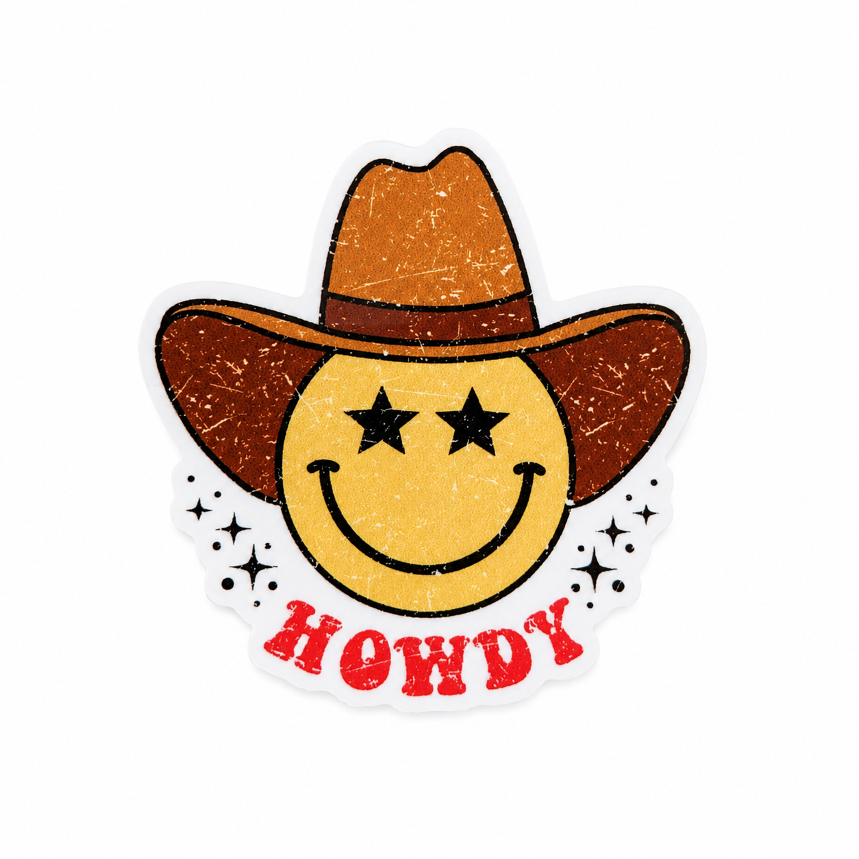Howdy plastic add-on with a smiley face wearing a cowboy hat, compatible with interchangeable badge reel bases