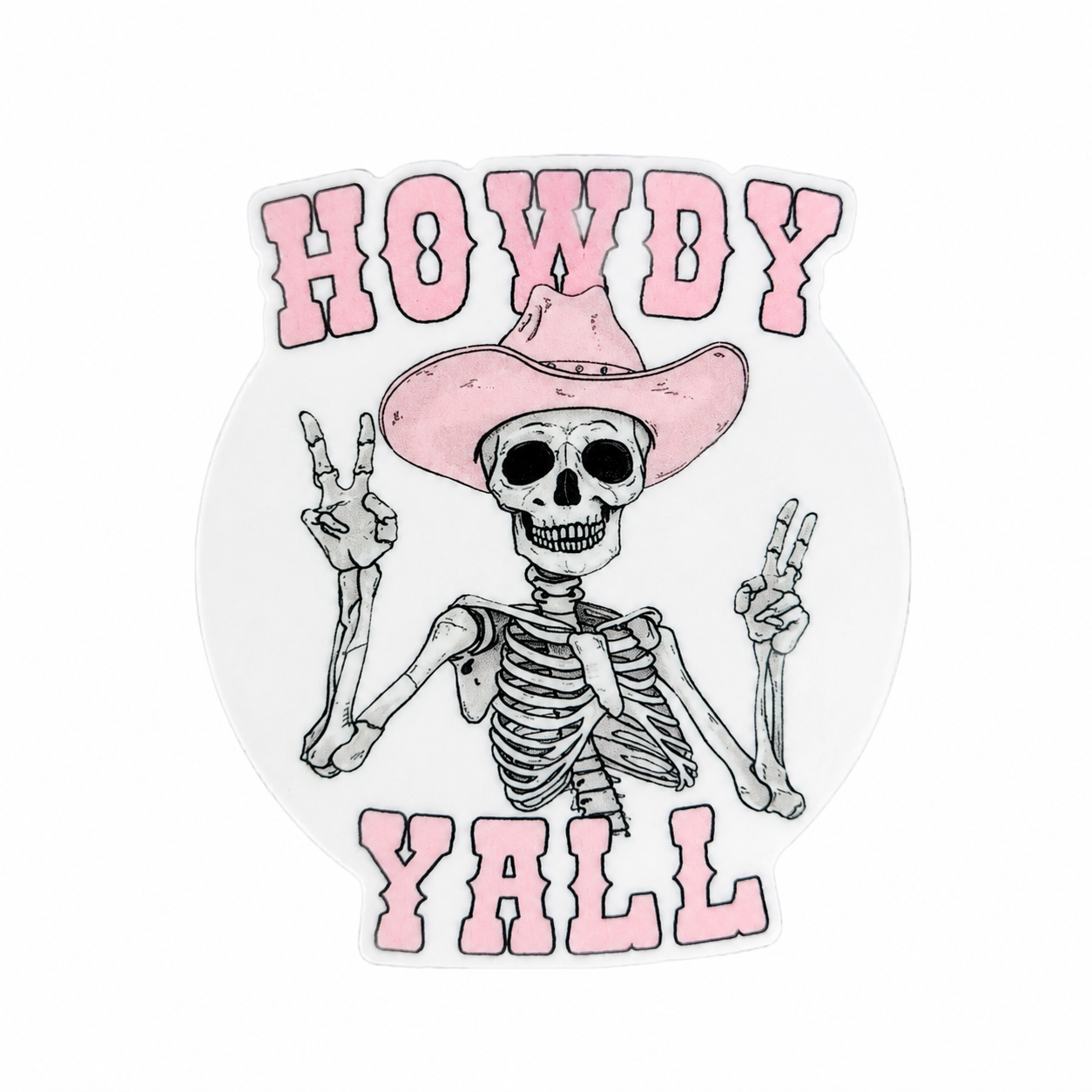 HOWDY YALL plastic add-on featuring a skeleton wearing a pink cowboy hat and making peace signs, compatible with interchangeable badge reel bases, western accessory and spooky cute badge topper