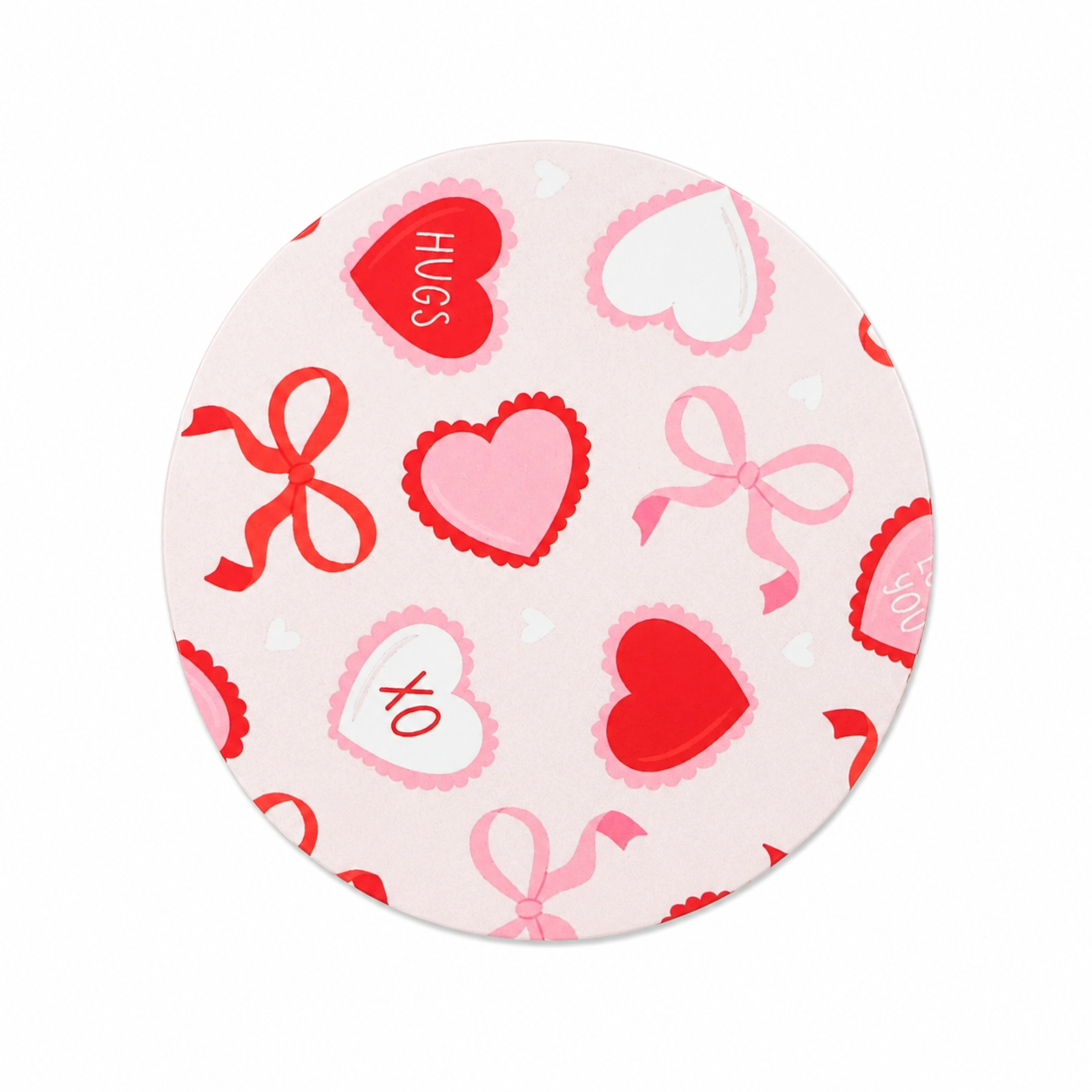 HUGS XO hard board add-on featuring red and pink hearts, ribbon bows, and tiny heart accents, compatible with interchangeable badge reel bases.