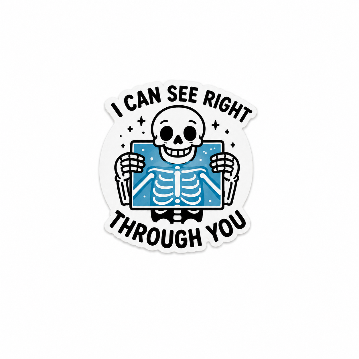 I Can See Right Through You plastic add-on featuring a skeleton holding an X-ray image for compatible interchangeable badge reel bases