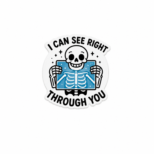 I Can See Right Through You plastic add-on featuring a skeleton holding an X-ray image for compatible interchangeable badge reel bases