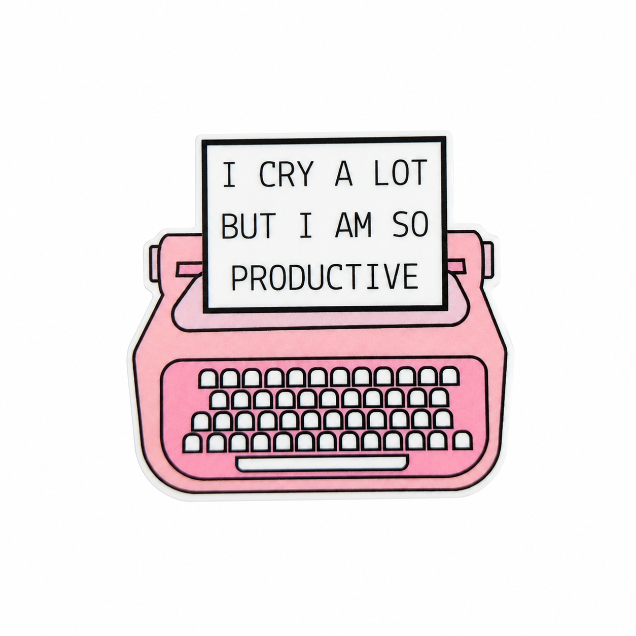 I CRY A LOT BUT I AM SO PRODUCTIVE plastic add-on featuring a pink retro typewriter, compatible with interchangeable badge reel bases and perfect for office humor lovers