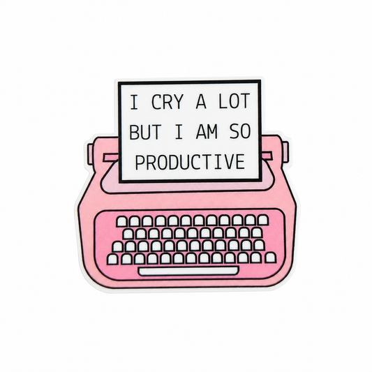 I CRY A LOT BUT I AM SO PRODUCTIVE plastic add-on featuring a pink retro typewriter, compatible with interchangeable badge reel bases and perfect for office humor lovers