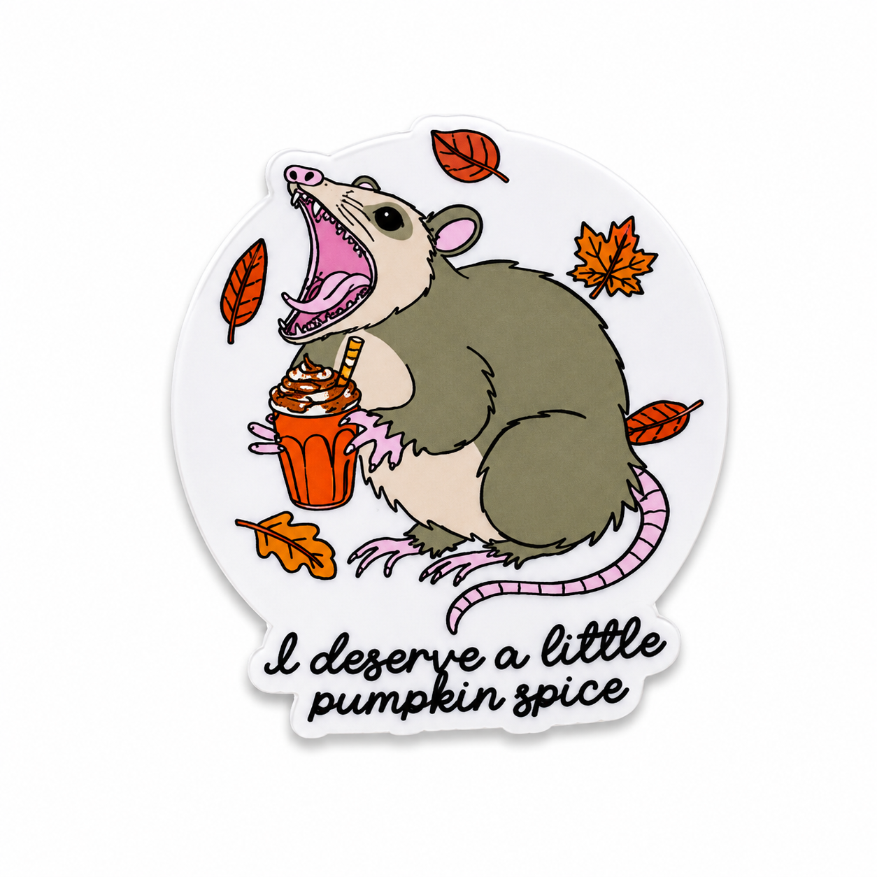 Cute possum pumpkin spice plastic add-on with fall leaves and coffee theme compatible with interchangeable badge reel bases