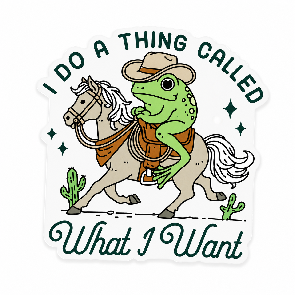 I Do A Thing Called What I Want plastic add-on featuring a frog riding a horse in a western design, compatible with interchangeable badge reel bases, funny work badge accessory for healthcare workers
