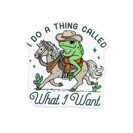 I Do A Thing Called What I Want plastic add-on featuring a frog riding a horse in a western design, compatible with interchangeable badge reel bases, funny work badge accessory for healthcare workers