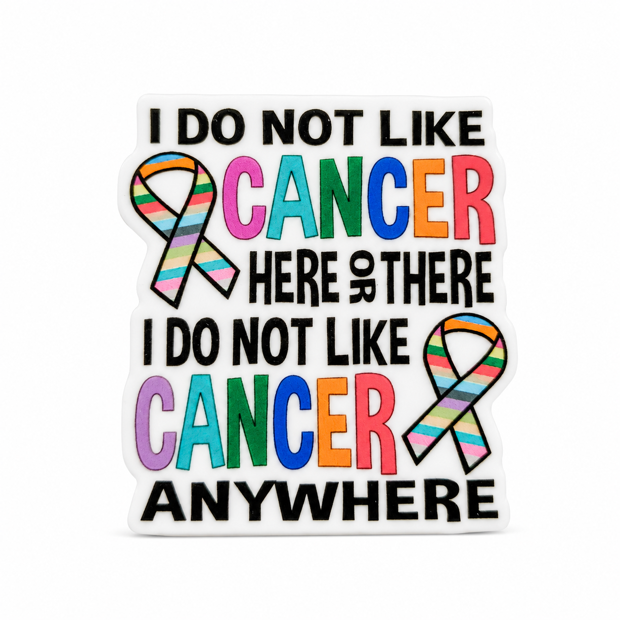 I DO NOT LIKE CANCER HERE OR THERE I DO NOT LIKE CANCER ANYWHERE cancer awareness plastic add-on with colorful ribbons, compatible with interchangeable badge reel bases