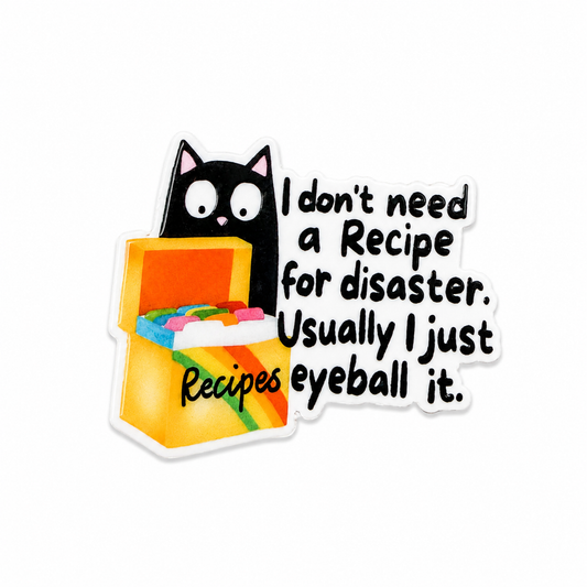 I Don't Need a Recipe for Disaster ID badge charm featuring a black cat and recipe box design compatible with Badge Beauties adapters