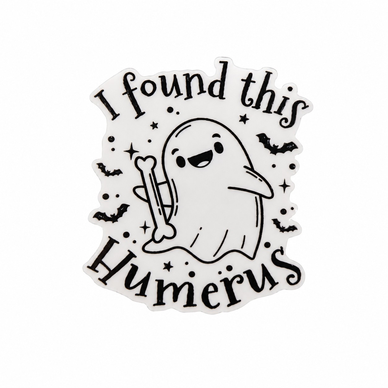 I Found This Humerus plastic add-on featuring a smiling ghost holding a humerus bone with bats, compatible with interchangeable badge reel bases for orthopedic nurses and healthcare workers.