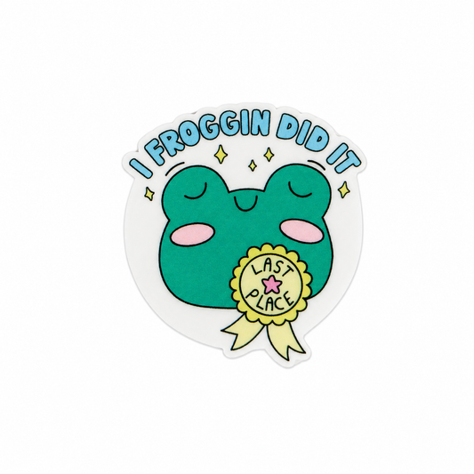 I FROGGIN DID IT plastic add-on featuring a cute frog with a LAST PLACE ribbon, compatible with interchangeable badge reel bases, funny frog lover accessory