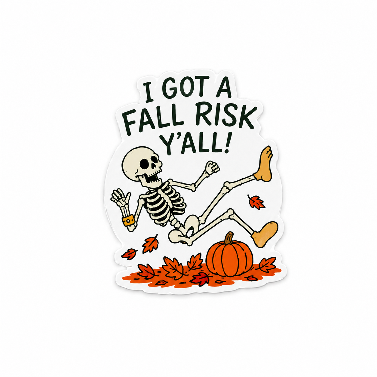 I Got a Fall Risk Y’all skeleton plastic add-on with pumpkins and fall leaves for compatible interchangeable badge reel bases