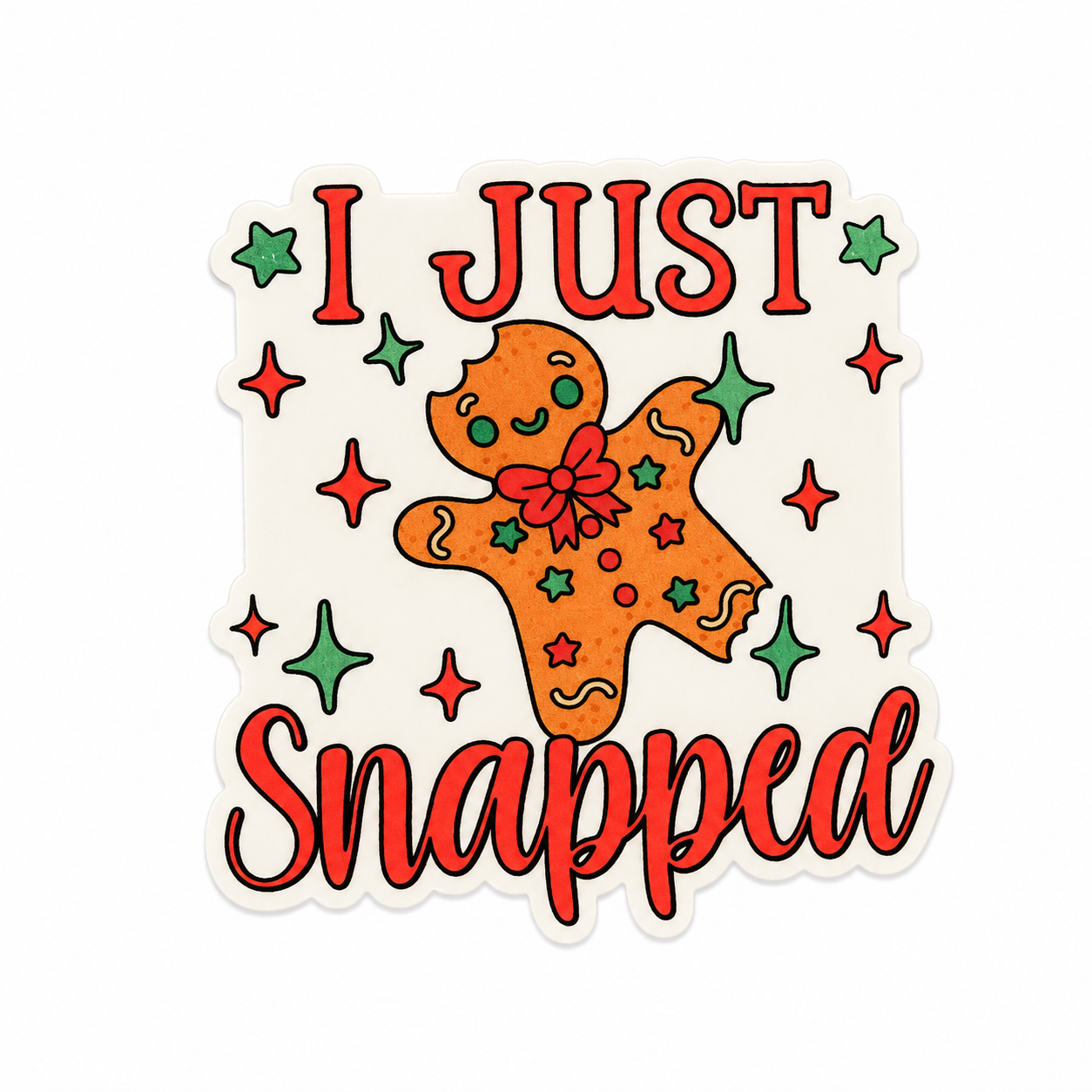 I Just Snapped plastic add-on with gingerbread character, red bow, and colorful Christmas stars, compatible with interchangeable badge reel bases.