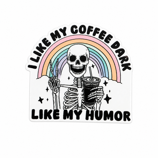 I Like My Coffee Dark Like My Humor plastic add-on featuring a skeleton holding iced coffee under a rainbow, compatible with interchangeable badge reel bases and perfect as a funny nurse badge accessory