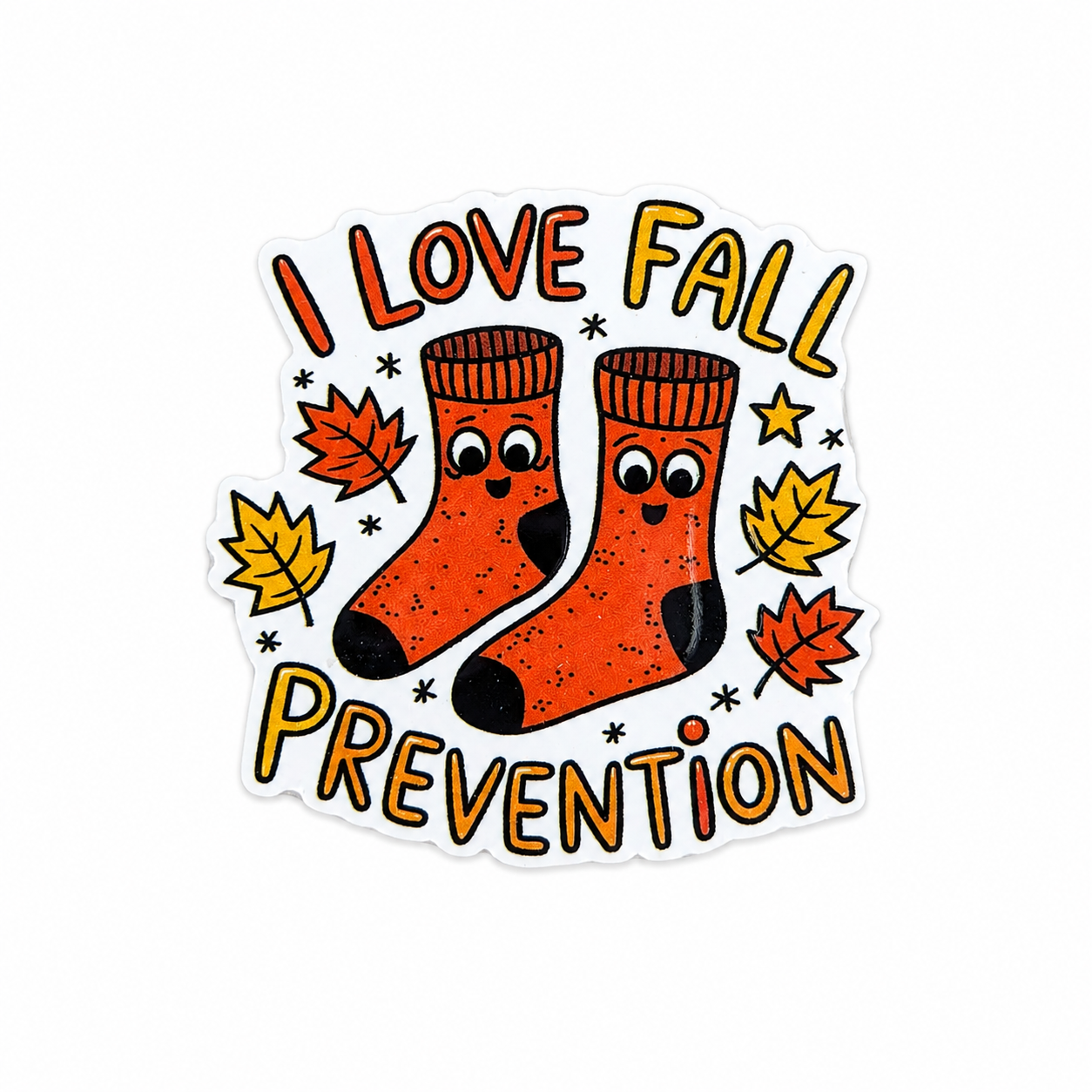 I LOVE FALL PREVENTION plastic add-on featuring cute autumn socks and fall leaves, compatible with interchangeable badge reel bases and ideal for healthcare workers and nurses.