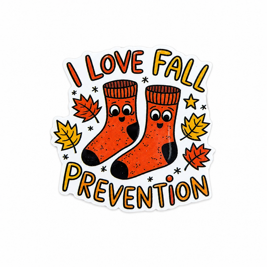 I LOVE FALL PREVENTION plastic add-on featuring cute autumn socks and fall leaves, compatible with interchangeable badge reel bases and ideal for healthcare workers and nurses.
