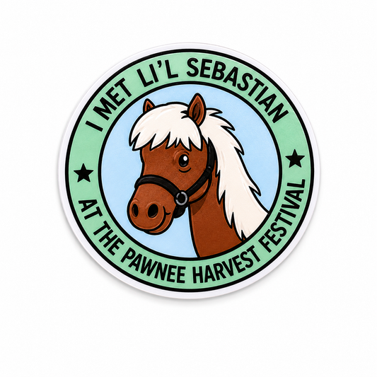 I Met Li’l Sebastian At The Pawnee Harvest Festival plastic add-on featuring a cute pony design for compatible interchangeable badge reel bases, whimsical healthcare worker accessory