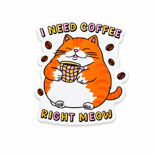 Cute orange cat holding coffee “I Need Coffee Right Meow” plastic add-on compatible with interchangeable badge reel bases