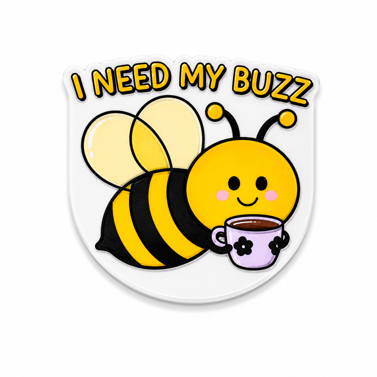 Cute bee with coffee cup “I Need My Buzz” plastic add-on compatible with interchangeable badge reel bases