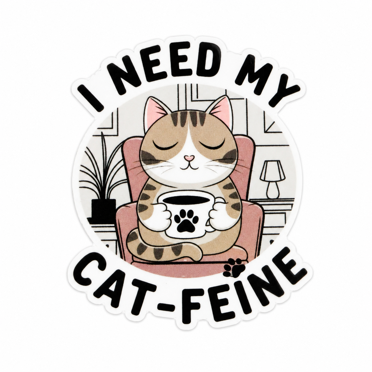 I Need My Cat-Feine plastic add-on with a cozy cat holding a coffee mug, cute cat and caffeine design compatible with interchangeable badge reel bases