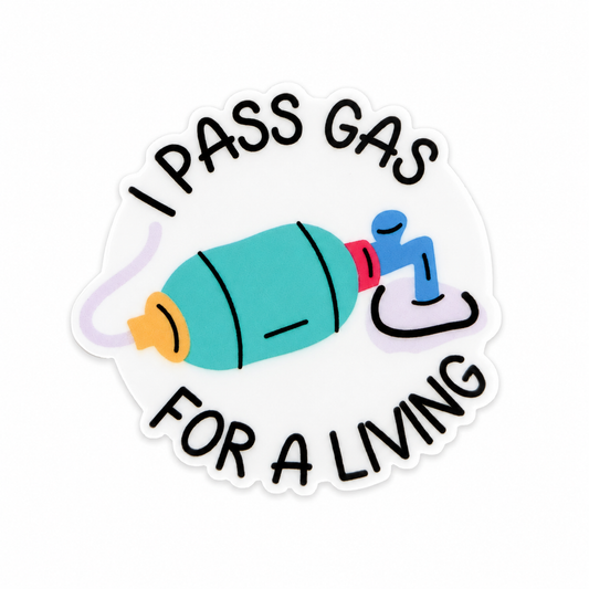 I PASS GAS FOR A LIVING plastic add-on featuring a colorful anesthesia mask design, compatible with interchangeable badge reel bases, funny anesthesia provider accessory.