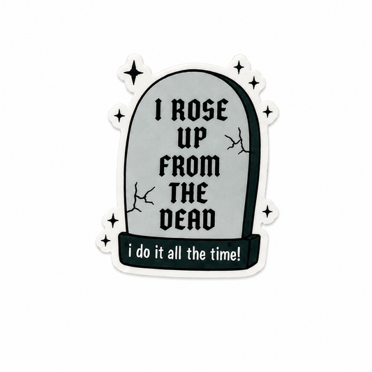 I Rose Up From The Dead plastic add-on featuring a spooky tombstone design compatible with interchangeable badge reel bases