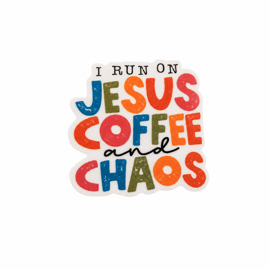 I Run On Jesus Coffee and Chaos plastic add-on featuring colorful retro lettering, compatible with interchangeable badge reel bases for Christian coffee lovers.