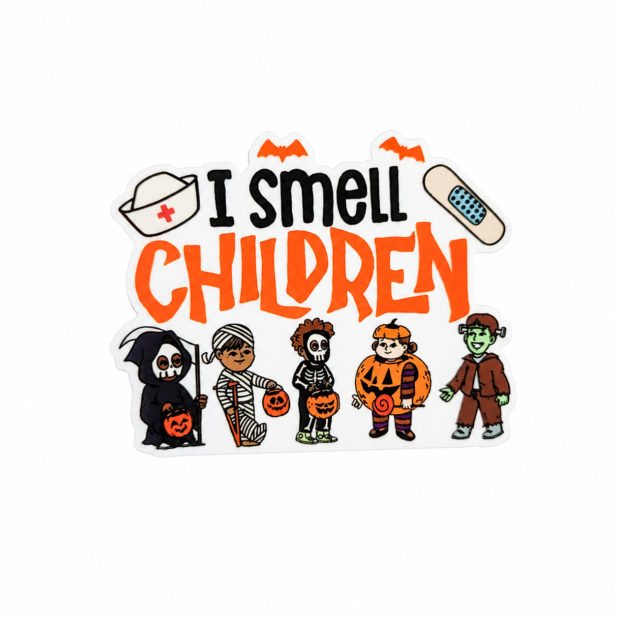 I smell children plastic add-on with Halloween characters, nurse hat, and bandage design, compatible with interchangeable badge reel bases for pediatric nurses.