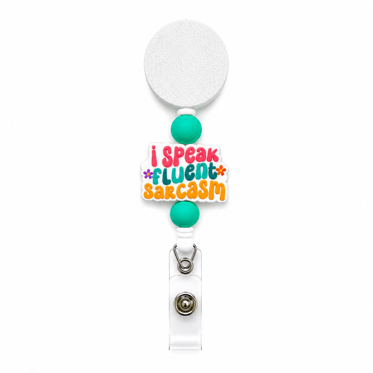"I Speak Fluent Sarcasm" interchangeable badge reel featuring mint green silicone beads, colorful lettering, and a retractable beaded badge reel for work.
