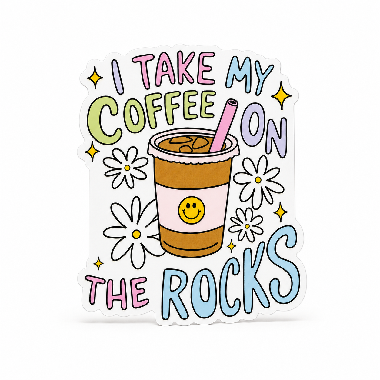 I Take My Coffee On The Rocks plastic add-on featuring a smiling iced coffee cup with daisies and pastel lettering, compatible with interchangeable badge reel bases and perfect as a nurse badge accessory and healthcare worker accessory