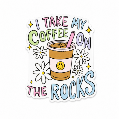 I Take My Coffee On The Rocks plastic add-on featuring a smiling iced coffee cup with daisies and pastel lettering, compatible with interchangeable badge reel bases and perfect as a nurse badge accessory and healthcare worker accessory