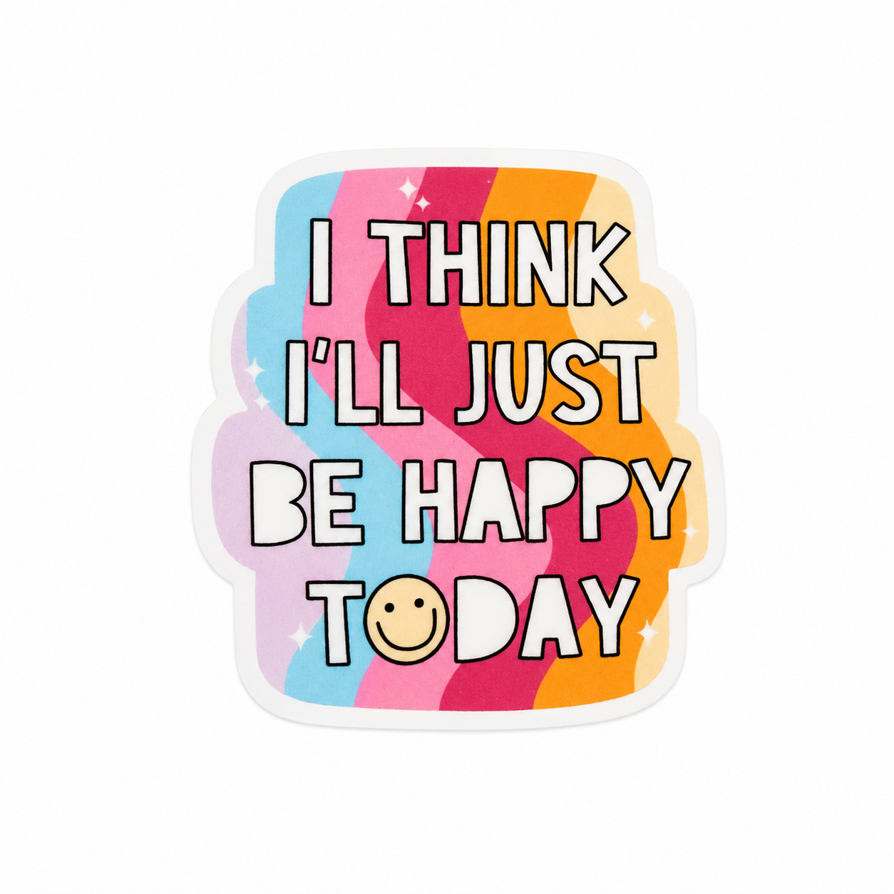 I THINK I'LL JUST BE HAPPY TODAY plastic add-on with smiley face and colorful retro stripes, compatible with interchangeable badge reel bases.