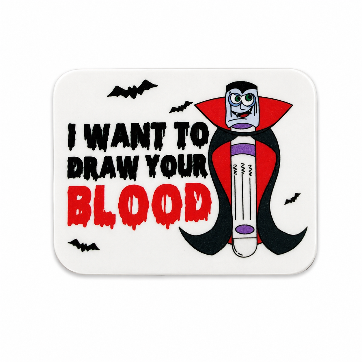 I want to draw your blood plastic add-on featuring a vampire-themed blood collection tube, compatible with interchangeable badge reel bases, perfect for phlebotomists and lab staff.