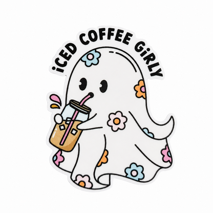 iCED COFFEE GIRLY plastic add-on featuring a cute floral ghost holding an iced coffee, compatible with interchangeable badge reel bases and perfect for coffee lovers