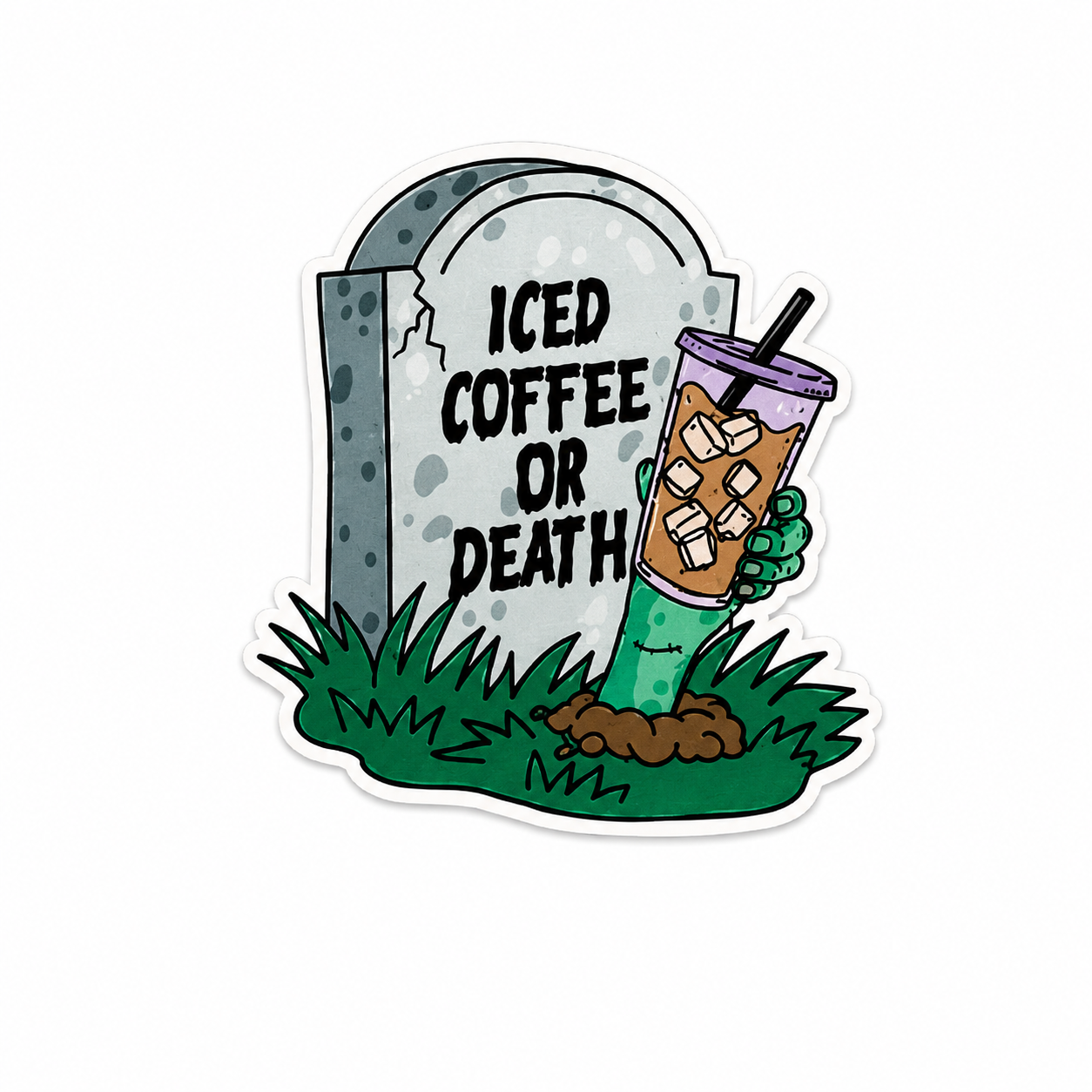 Iced Coffee or Death plastic add-on with spooky coffee tombstone design compatible with interchangeable badge reel bases