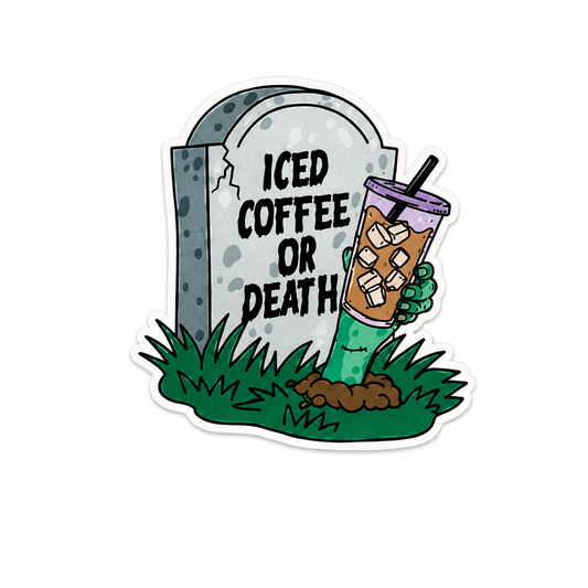 Iced Coffee or Death plastic add-on with spooky coffee tombstone design compatible with interchangeable badge reel bases