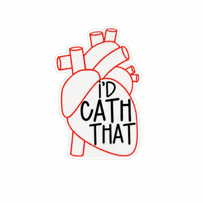 Plastic add-on featuring the text "I'd Cath That" inside an anatomical heart design, compatible with interchangeable badge reel bases and ideal for cardiology nurses and cath lab staff.