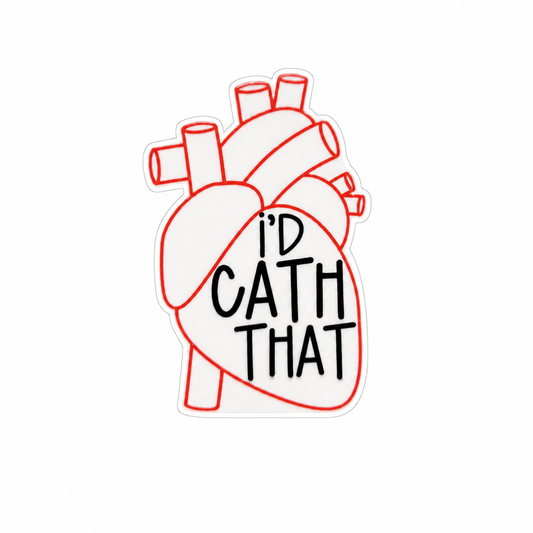 Plastic add-on featuring the text "I'd Cath That" inside an anatomical heart design, compatible with interchangeable badge reel bases and ideal for cardiology nurses and cath lab staff.