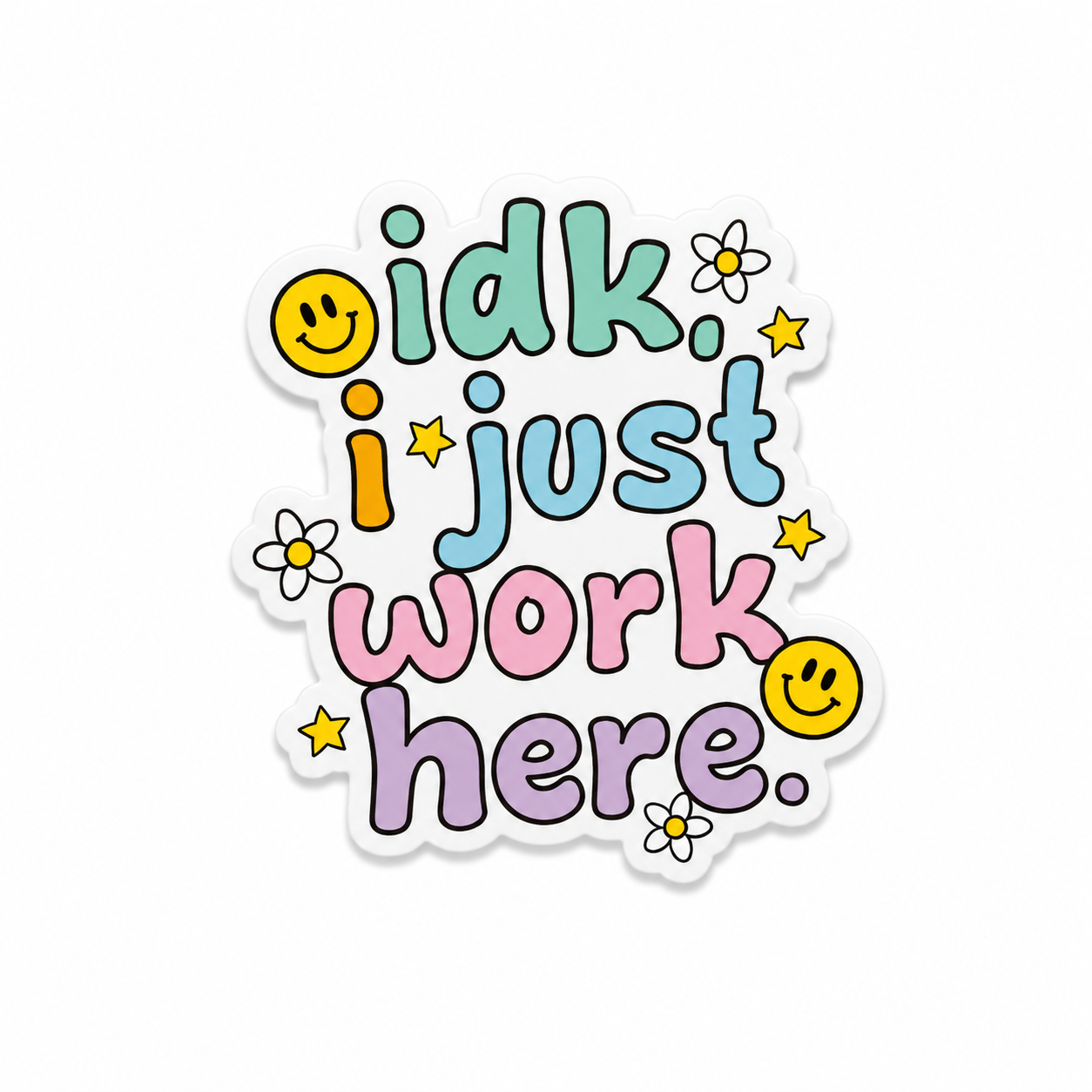 Colorful pastel “idk i just work here” plastic add-on with smiley faces and retro aesthetic compatible with interchangeable badge reel bases
