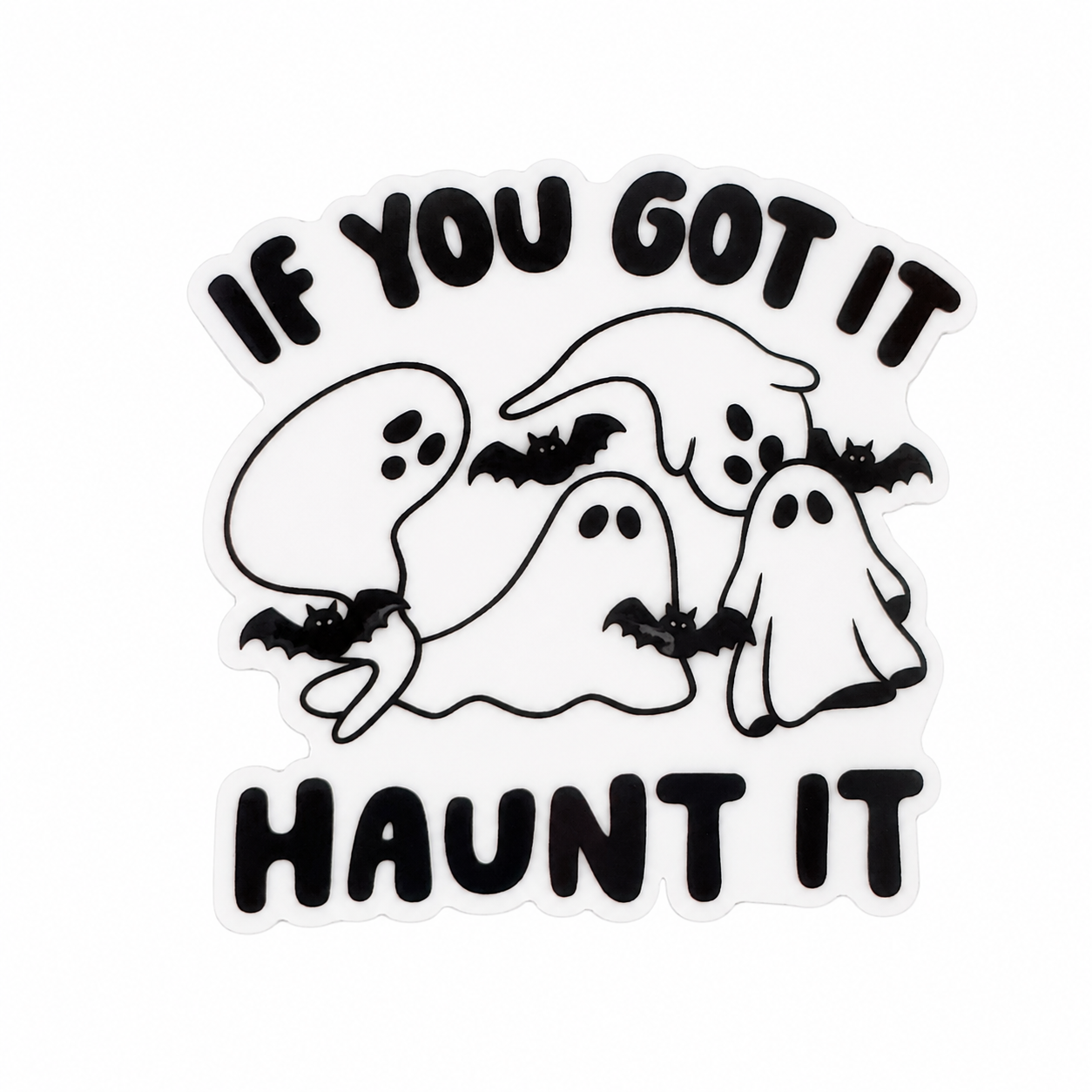 IF YOU GOT IT HAUNT IT plastic add-on with cute white ghosts and black bats, compatible with interchangeable badge reel bases for Halloween ghost accessory style.