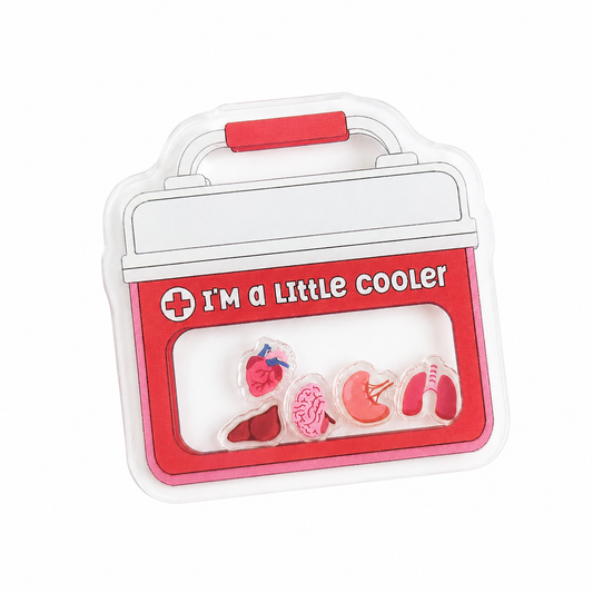 I'm A Little Cooler plastic shaker add-on featuring a pink medical cooler with anatomy organ shaker pieces, compatible with interchangeable badge reel bases